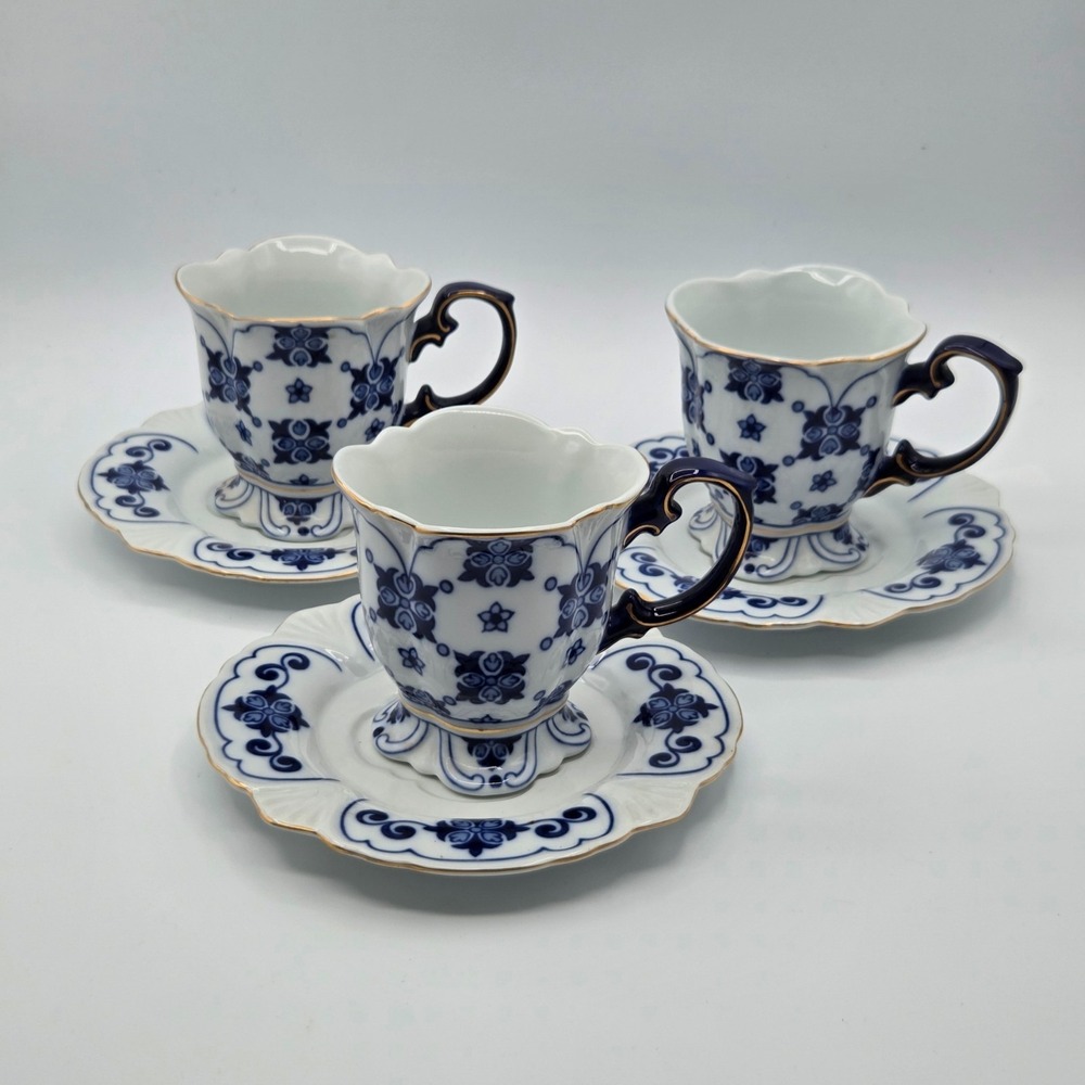Bombay Coffee Star Design Cobalt Blue/Gold/White Footed Cups & Saucers set of 3